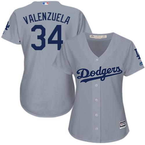 Dodgers #34 Fernando Valenzuela Grey Alternate Road Women's Stitched MLB Jersey - Click Image to Close